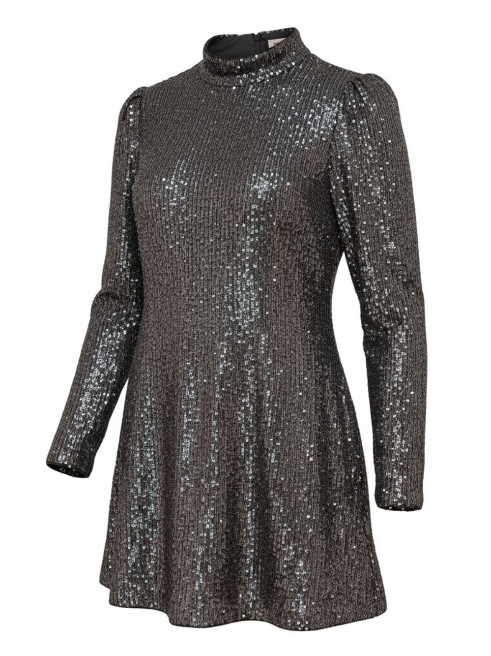 Camila Coelho Sequin Long Sleeve Mock Neck Mini Dress Silver Grey